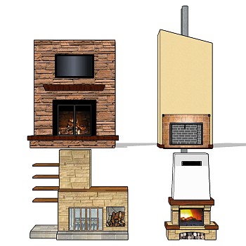 (20)欧式法式美式现代壁炉火炉劈柴电视背景墙sketchup草图模型下载