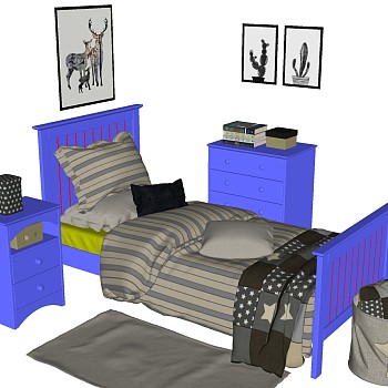 3现代儿童房儿童床床尾凳组合sketchup草图模型下载