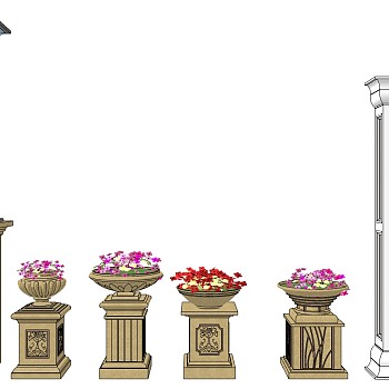 06欧式法式欧式户外路灯景观灯石柱子景观花卉花池sketchup草图模型下载