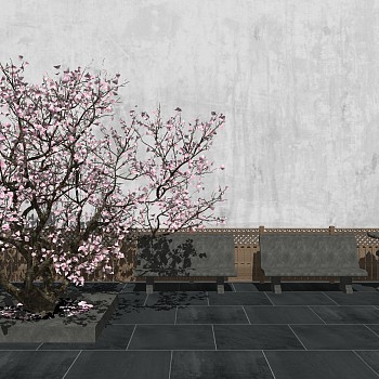 新中式樱花树石凳篱笆组合sketchup草图模型下载