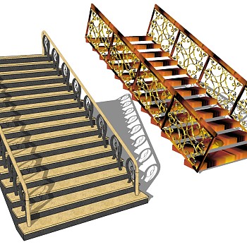(1)欧式法式木制楼梯金属铁艺楼梯栏杆扶手sketchup草图模型下载