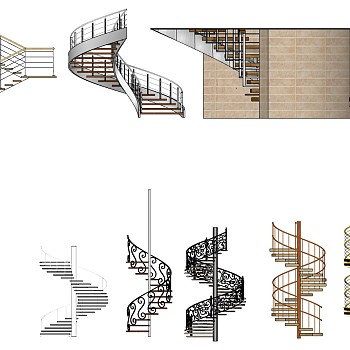 (53)欧式现代铁艺雕花钢架旋转楼梯sketchup草图模型下载