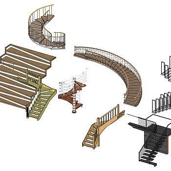 (51现代欧式美式实木旋转楼梯金属钢架楼梯栏杆sketchup草图模型下载