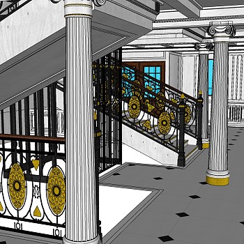 (54)欧式法式铁艺雕花楼梯栏杆罗马柱楼梯间sketchup草图模型下载