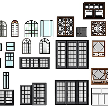 (33)现代欧式中式玻璃窗户阳台窗户门圆形花格雕花景观窗花窗sketchup草图模型下载