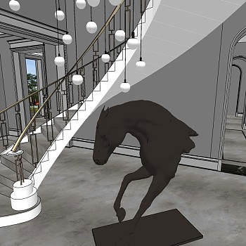 (46)欧式现代轻奢金属铁艺旋转楼梯间马头雕塑摆件sketchup草图模型下载