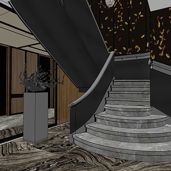 (44)现代轻奢港式楼梯间楼梯雕塑摆台sketchup草图模型下载