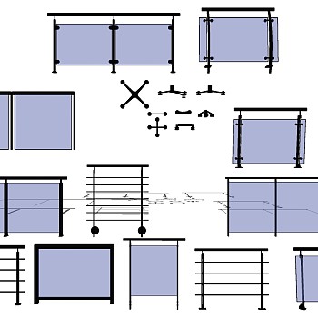 (63)现代玻璃铁艺栏杆扶手护栏蓝河扶手sketchup草图模型下载