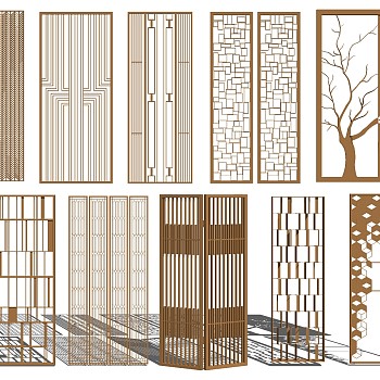 (12)新中式现代金属树形透雕木花格屏风隔断sketchup草图模型下载