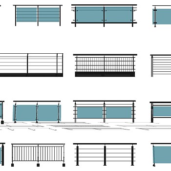 (62)现代玻璃铁艺栏杆扶手护栏蓝河扶手sketchup草图模型下载
