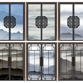 14新中式夹丝玻璃门组合 sketchup草图模型下载