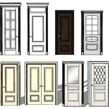 1欧式法式现代实木双开门 单开门玻璃门sketchup草图模型下载