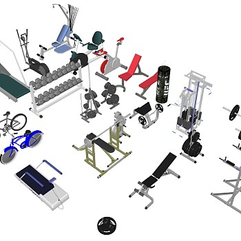 现代建设器材体育器材跑步机动感单车杠铃sketchup草图模型下载