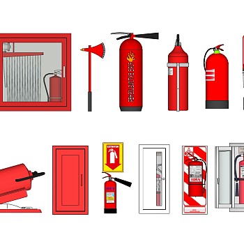 25消防箱 消火栓 灭火器 安全指示牌应急照明灯 烟感喷淋报警器sketchup草图模型下载