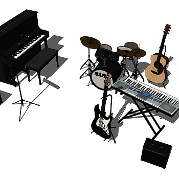 27钢琴架子鼓电子琴吉他贝斯音箱话筒 话筒支架sketchup草图模型下载