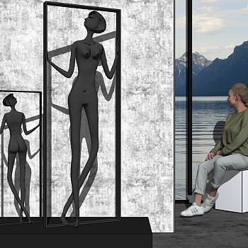 (32)现代金属小人女人坐着的女人抽象人物雕塑摆件饰品雕像sketchup草图模型下载