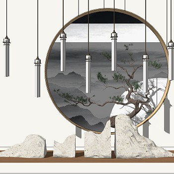 (39)中式景观石头圆形造景造型松树树枝景观树吊灯sketchup草图模型下载