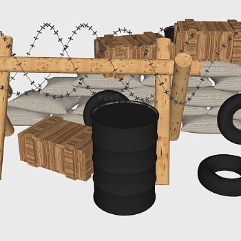 现代军事木桩铁丝麻袋防御工事油桶木箱子木桩子sketchup草图模型下载