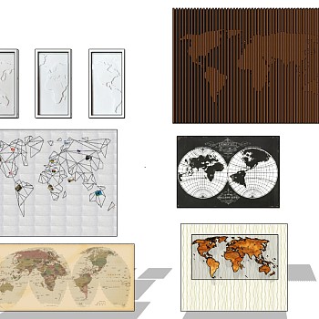 (14)世界地图木格栅墙饰挂画装饰画sketchup草图模型下载