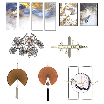 (23)新中式床头背景墙金属墙饰挂饰挂件装饰挂画扇子sketchup草图模型下载