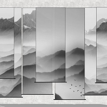 2新中式山水画窗帘遮光帘卷帘sketchup草图模型下载