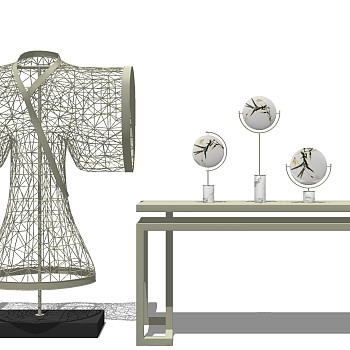 (13) 新中式日式镂空网格金属服装摆台摆件条案sketchup草图模型下载