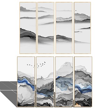 (9) 新中式抽象泼墨屏风背景装饰挂画sketchup草图模型下载