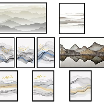 (2)新中式抽象水墨山水山脉装饰挂画sketchup草图模型下载