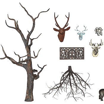 (15)枯树树枝干枝树干鹿头挂饰挂件sketchup草图模型下载