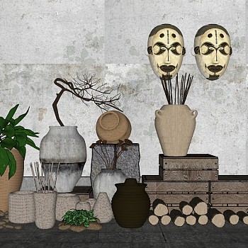 (7)中式景观小品陶罐花瓶劈叉柴火干枝非洲面具木箱子sketchup草图模型下载