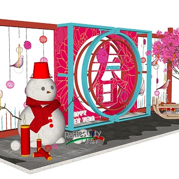 新年春节舞台美陈背景中国节雪人雪橇 SketchUp草图模型下载