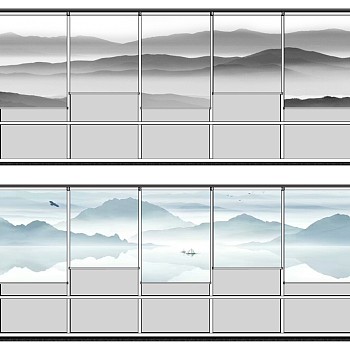 03新中式山水山脉图案画窗帘卷帘遮光窗帘sketchup草图模型下载