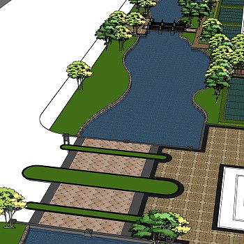 88 公园景观水系木桥树sketchup草图模型下载