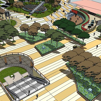 102商业广场景观规划下沉广场滚梯楼梯抽象城市雕塑植物树sketchup草图模型下载