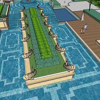 104欧式住宅小区水系水景鱼喷泉景观植物sketchup草图模型下载