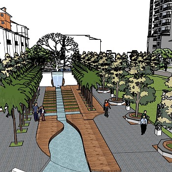 200中式住宅小区景观街道水景观水系植物树 sketchup草图模型下载