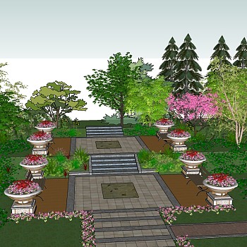 cj 公园入口景欧式观花坛花池植物树圆形花池sketchup草图模型下载