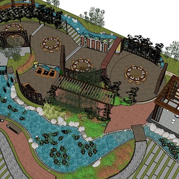 18中式别墅景观庭院水系凉亭廊架景观设计园林景观sketchup草图模型下载