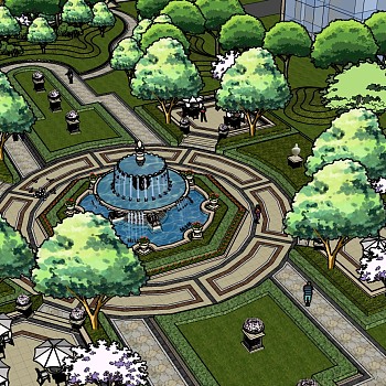 15欧式别墅住宅园区景观规划设计水景喷泉水池  sketchup草图模型下载