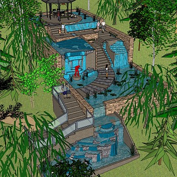 04中式六角凉亭景观水系叠水植物景观设计园林景观sketchup草图模型下载