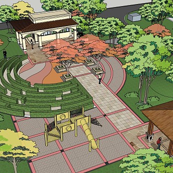 11小区景观规划凉亭长廊广场植物树园林景观sketchup草图模型下载