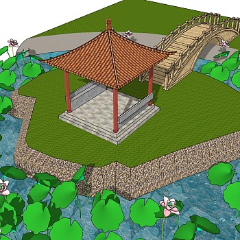 25中式木桥景观凉亭荷花池园林景观sketchup草图模型下载