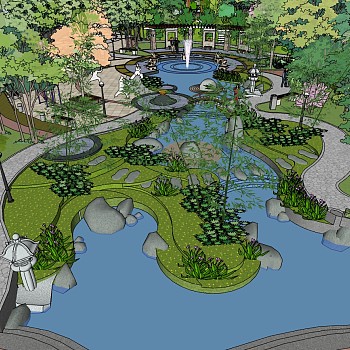 21公园文化广场植物树景观植物树规划人造湖水系廊架凉亭园林景观sketchup草图模型下载