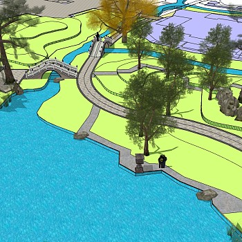 12中式凉亭石桥水系景观设计 sketchup草图模型下载