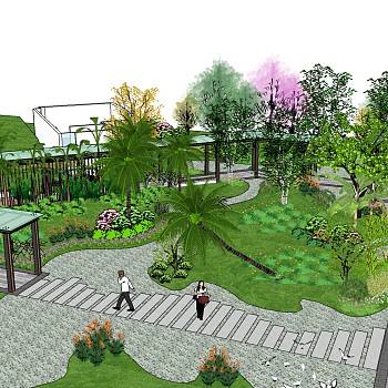 12玻璃廊道廊架景观设计凉亭植物树园林景观sketchup草图模型下载