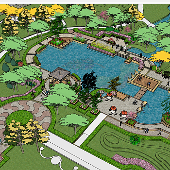 011欧式园区水系凉亭景观规划设计 sketchup草图模型下载