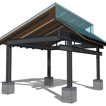 15新中式钢结构玻璃凉亭亭子车棚sketchup草图模型下载