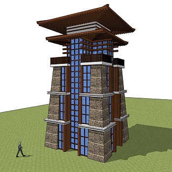 中式古建观景台,景观台,瞭望塔,景观塔,观景塔sketchup草图模型下载