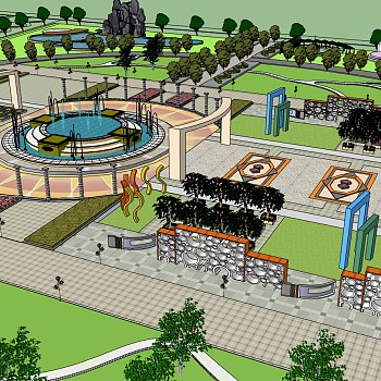 10圆形文化公园广场景观小景篮球场规划设计圆形水景喷泉  sketchup草图模型下载
