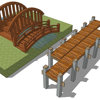 13中式园林景观桥小木桥木拱桥sketchup草图模型下载